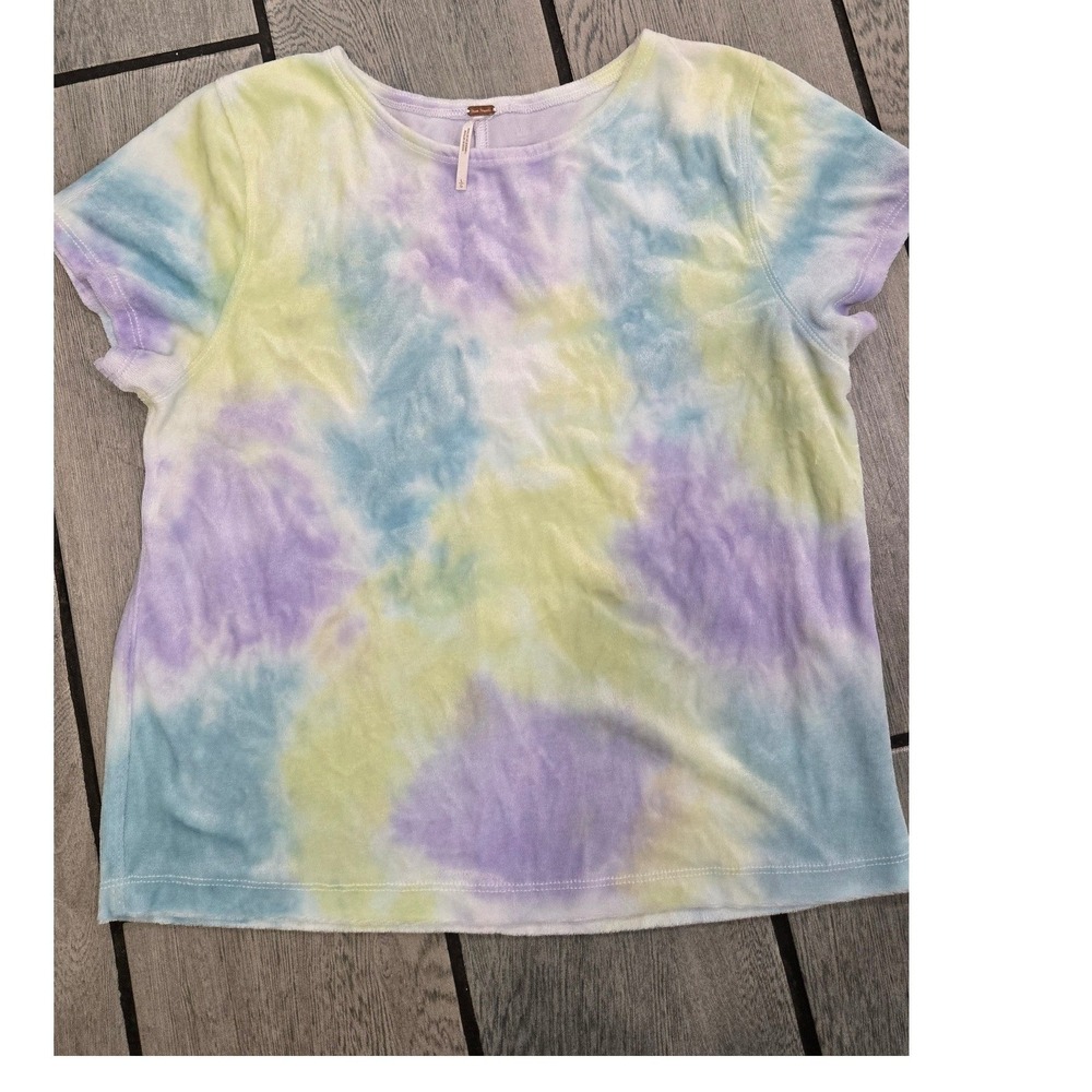Free People Pastel Tie Dye Velour Short Sleeve Tee Top Purple Blue Green Large